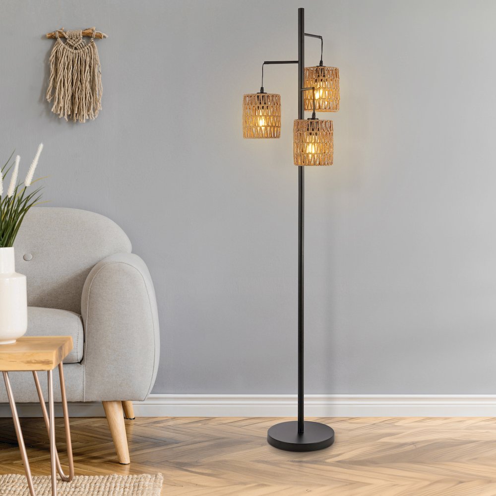 Isla 3-Light Mid-Century Bohemian Metal/Rope Led Floor Lamp. Picture 1