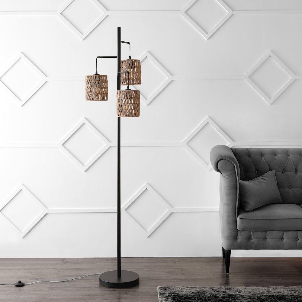 Isla 3-Light Mid-Century Bohemian Metal/Rope Led Floor Lamp. Picture 2