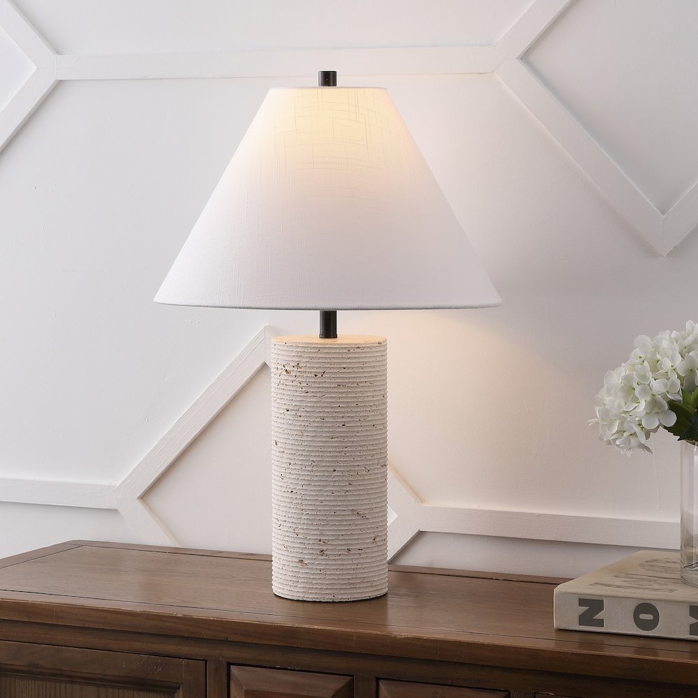 Kelsey 22.50" Modern Minimalist Travertine Column LED Table Lamp, Cream. Picture 7