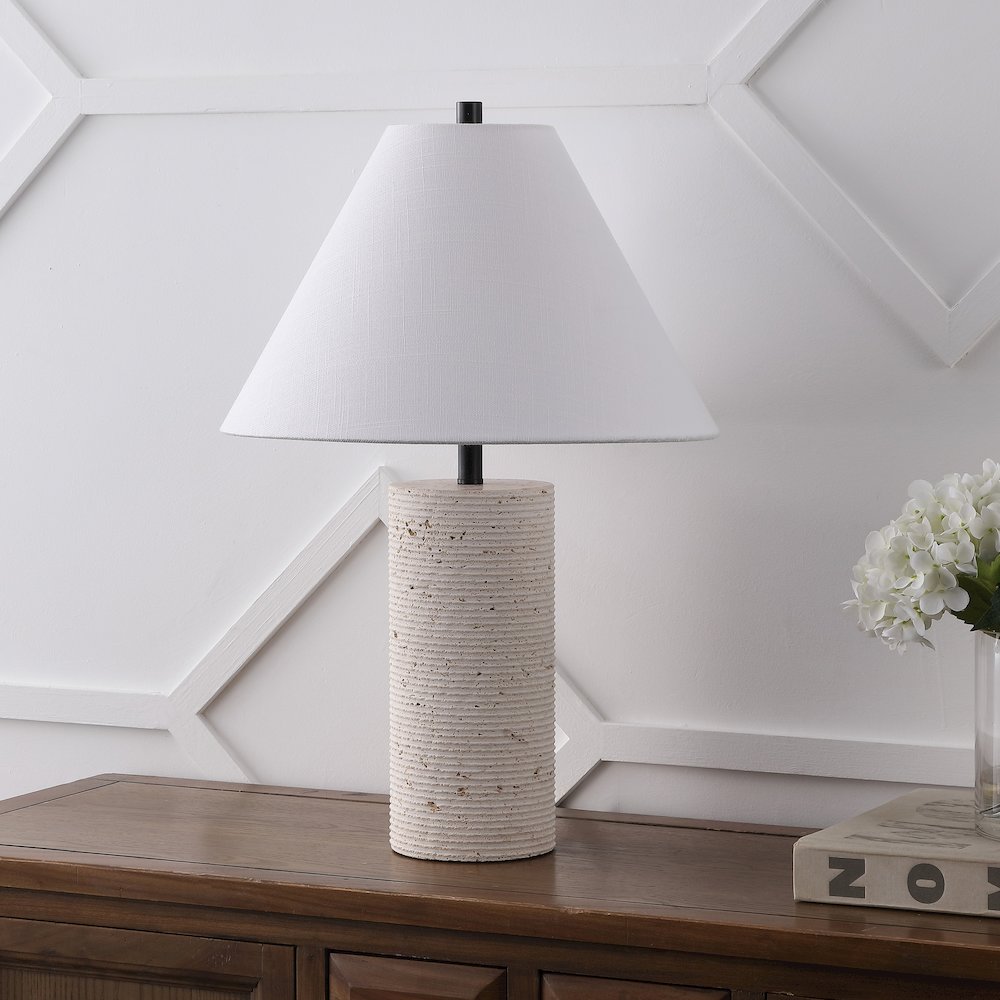 Kelsey 22.50" Modern Minimalist Travertine Column LED Table Lamp, Cream. Picture 2