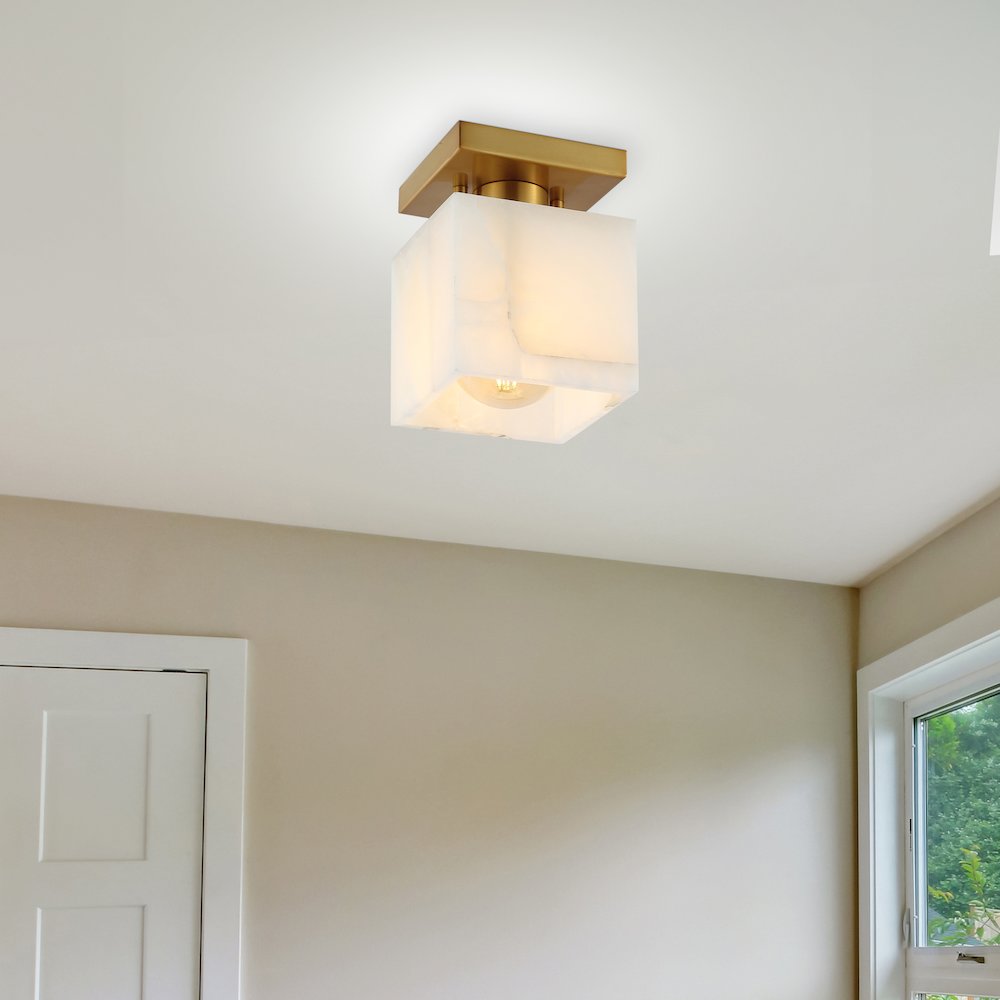 Alessia 1-Light Modern Contemporary Alabaster/Iron Cube Led Semi Flush Mount. Picture 4