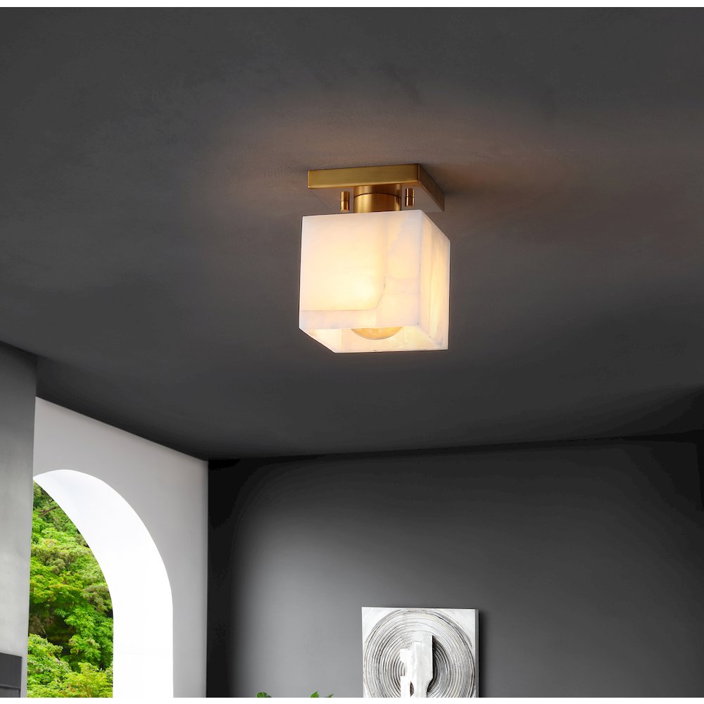 Alessia 1-Light Modern Contemporary Alabaster/Iron Cube Led Semi Flush Mount. Picture 1