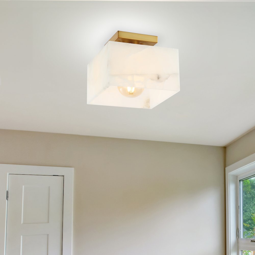 Chiara 1-Light Modern Contemporary Alabaster/Iron Square Led Semi Flush Mount. Picture 4