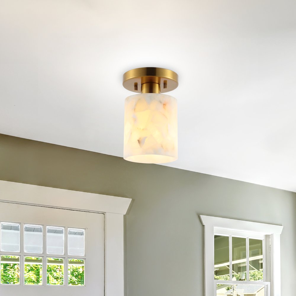 Jules 1-Light Modern Contemporary Alabaster/Iron Cylinder Led Semi Flush Mount. Picture 4