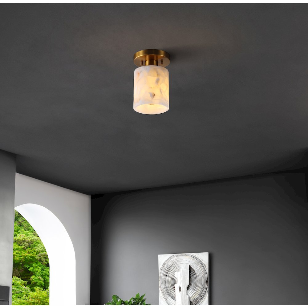 Jules 1-Light Modern Contemporary Alabaster/Iron Cylinder Led Semi Flush Mount. Picture 1