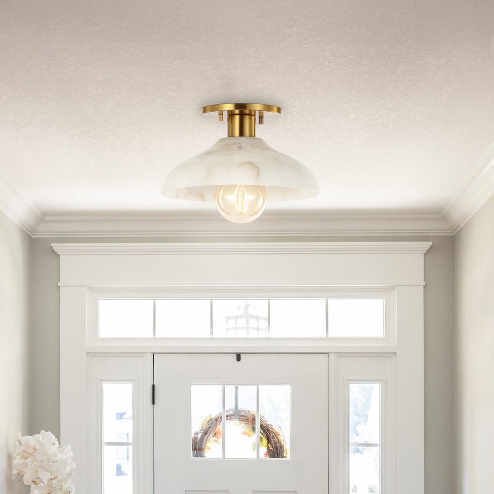 Amara 1-Light Mid-Century Classic Alabaster/Iron Led Semi Flush Mount. Picture 1