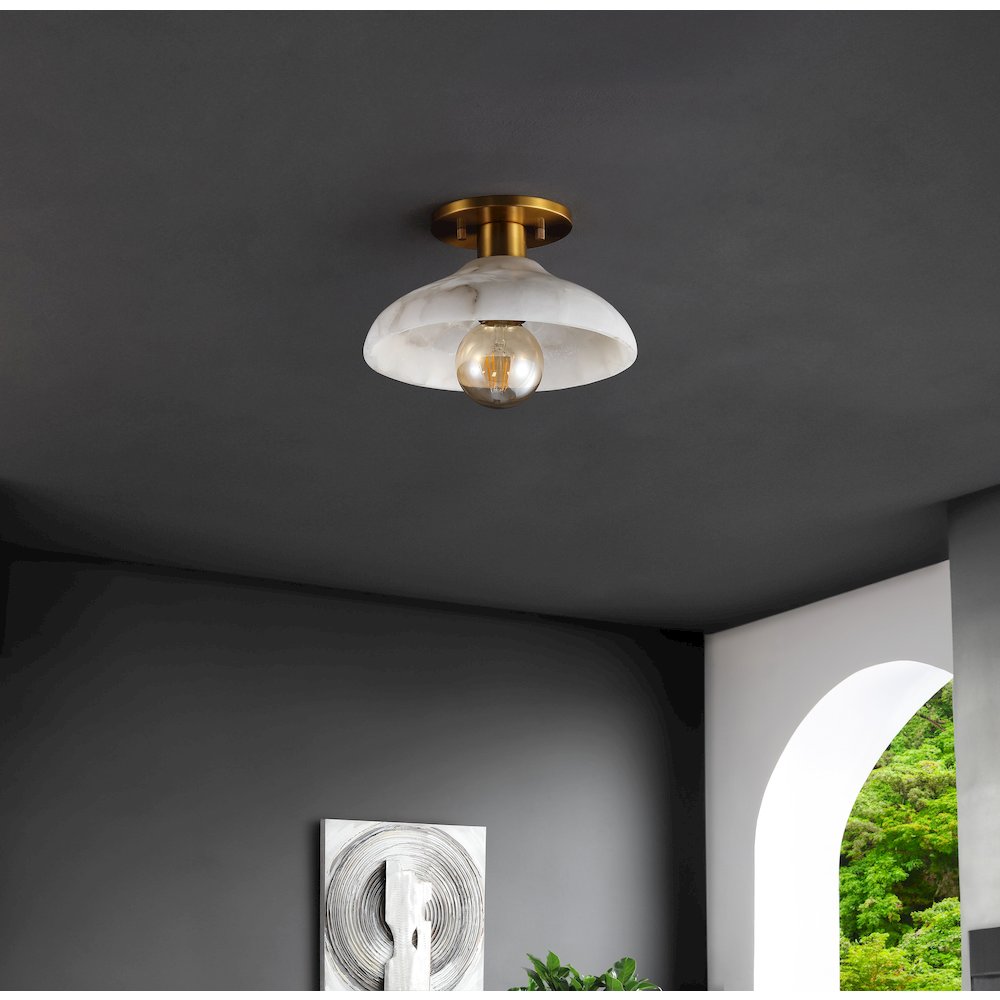 Amara 1-Light Mid-Century Classic Alabaster/Iron Led Semi Flush Mount. Picture 2