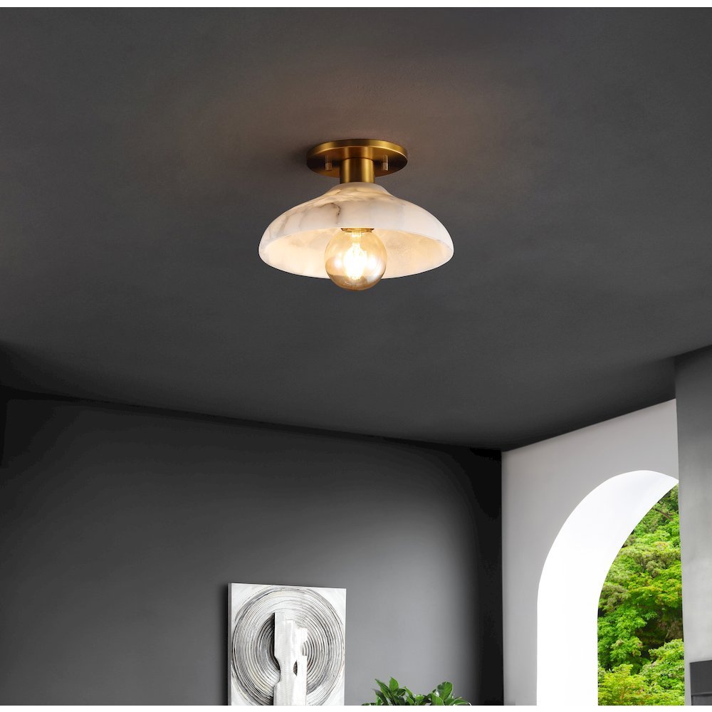 Amara 1-Light Mid-Century Classic Alabaster/Iron Led Semi Flush Mount. Picture 3