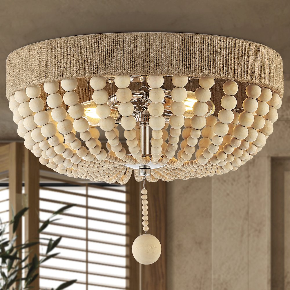 Justina Wood Bead Farmhouse Bohemian Iron Led Flush Mount. Picture 9