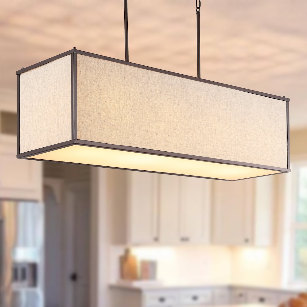 Cole Minimalist Industrial Rectangular Linen Iron Linear Led Pendant. Picture 12