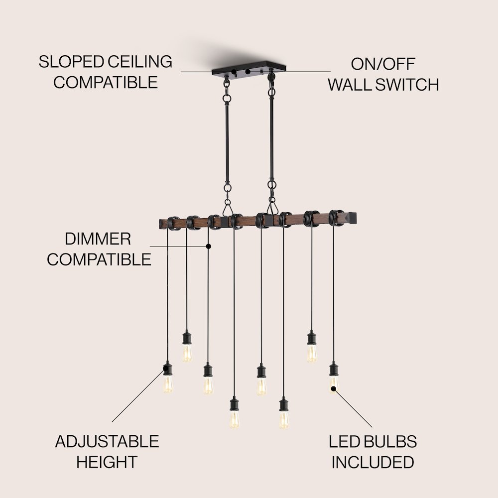 Rhys 8-Light Vintage Industrial Driftwood Iron Led Linear Chandelier. Picture 6