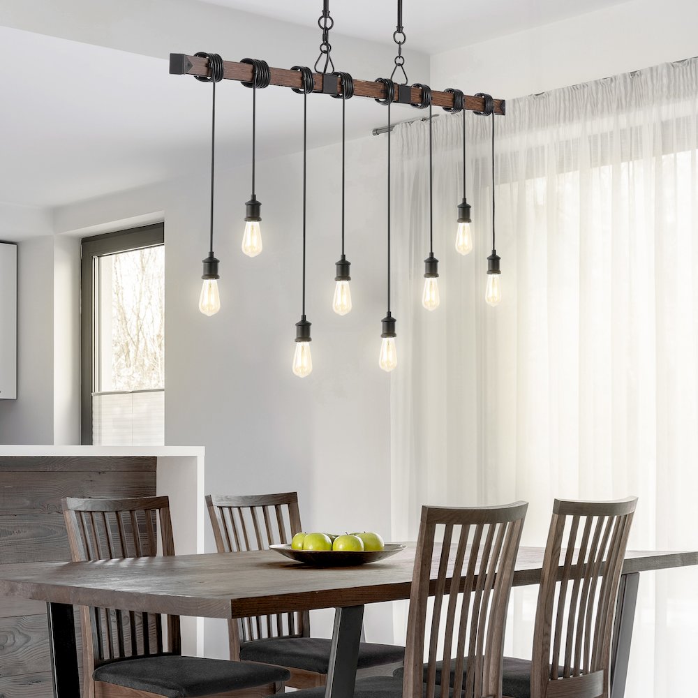 Rhys 8-Light Vintage Industrial Driftwood Iron Led Linear Chandelier. Picture 1