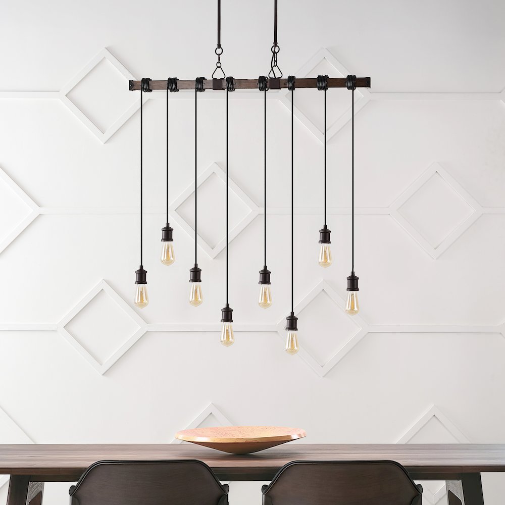 Rhys 8-Light Vintage Industrial Driftwood Iron Led Linear Chandelier. Picture 2