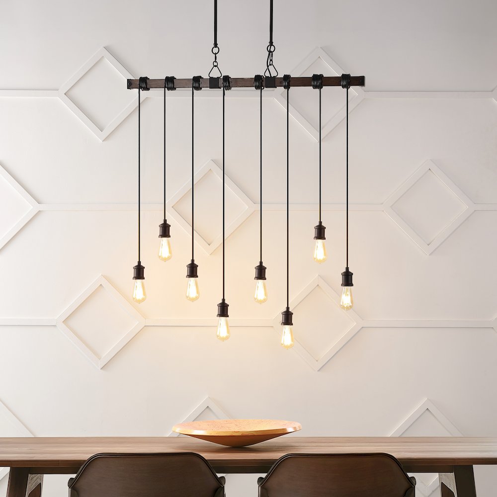 Rhys 8-Light Vintage Industrial Driftwood Iron Led Linear Chandelier. Picture 3