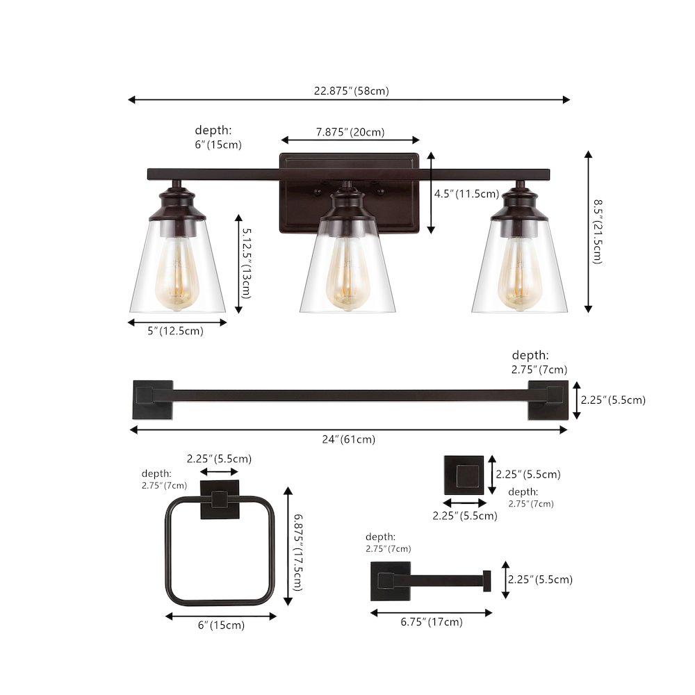 Arlo 3-Light Vintage Classic Vanity Light With Bathroom Hardware Accessory Set. Picture 1