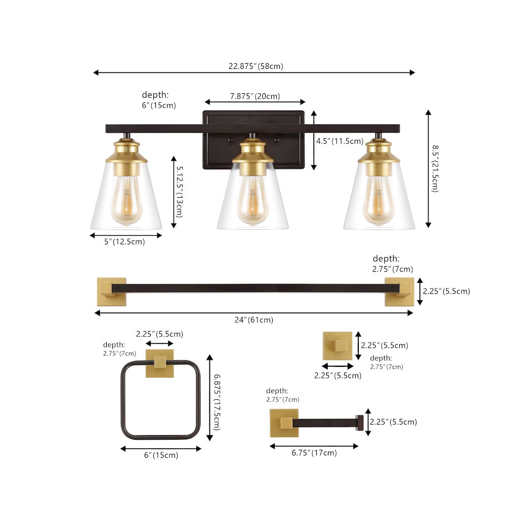 Arlo 3-Light Vintage Classic Vanity Light With Bathroom Hardware Accessory Set. Picture 1