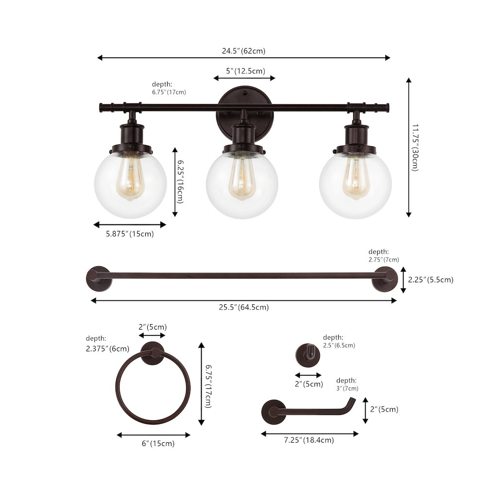Hugo 3-Light Farmhouse Classic Vanity Light With Bathroom Hardware Accessory Set. Picture 1