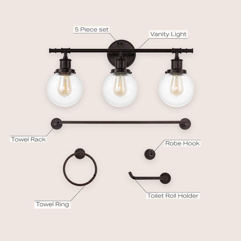 Hugo 3-Light Farmhouse Classic Vanity Light With Bathroom Hardware Accessory Set. Picture 6