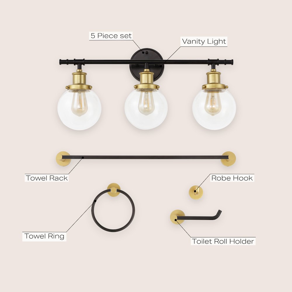 Hugo 3-Light Farmhouse Classic Vanity Light With Bathroom Hardware Accessory Set. Picture 6