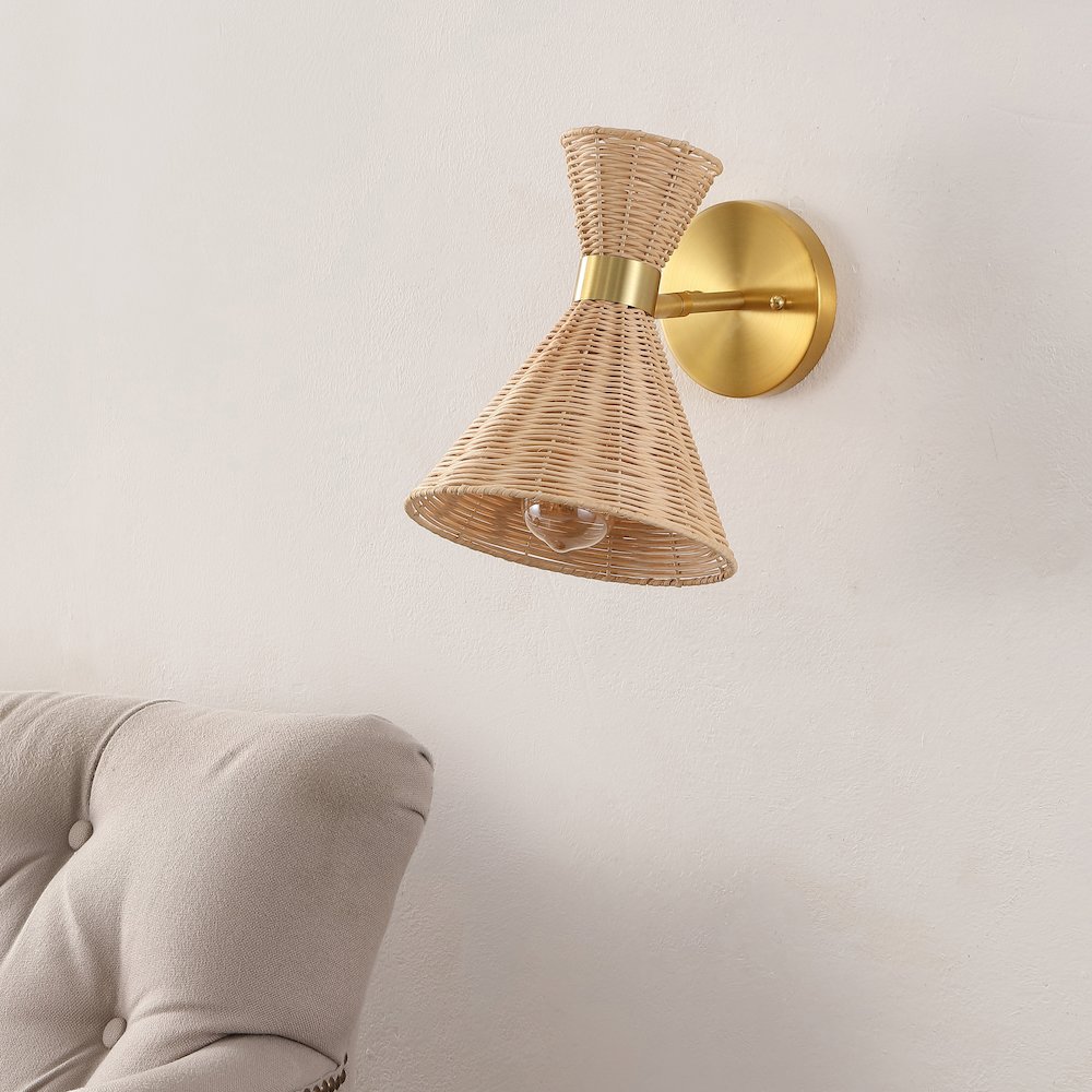 Zoey 1-Light Mid-Century Vintage Retro Rattan/Metal Led Sconce. Picture 1