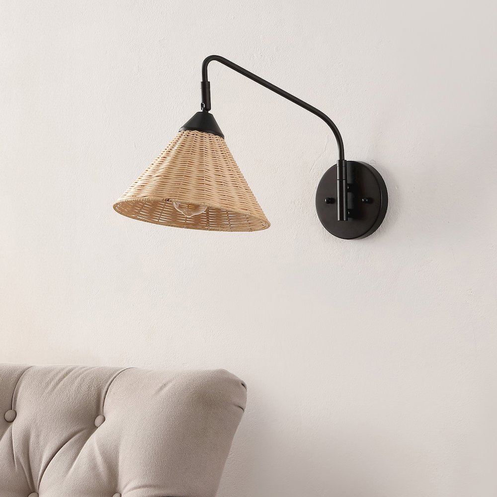 Kiawah 1-Light Vintage Coastal Rattan/Metal Swing Arm Led Sconce. Picture 1