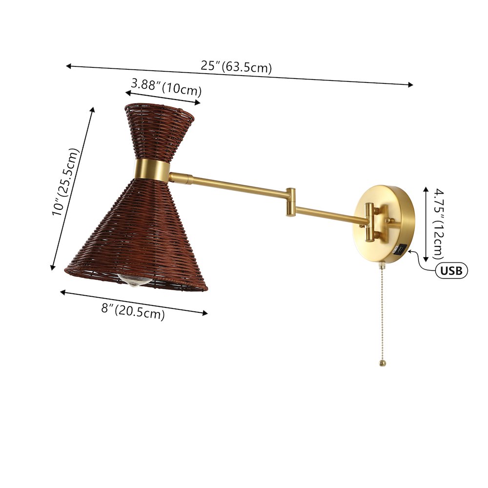 Retro Rattan/Metal Usb Charging Swing Arm Led Sconce. Picture 4