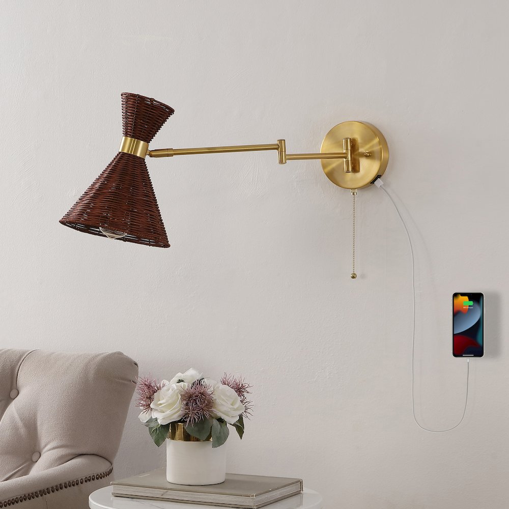 Retro Rattan/Metal Usb Charging Swing Arm Led Sconce. Picture 1