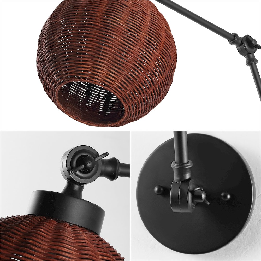 Lyla 1-Light Mid-Century Vintage Rattan Globe Swing Arm Led Sconce. Picture 2