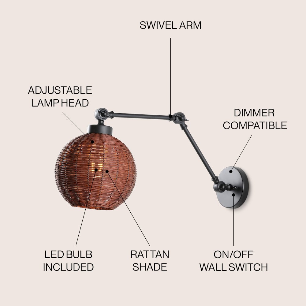 Lyla 1-Light Mid-Century Vintage Rattan Globe Swing Arm Led Sconce. Picture 4