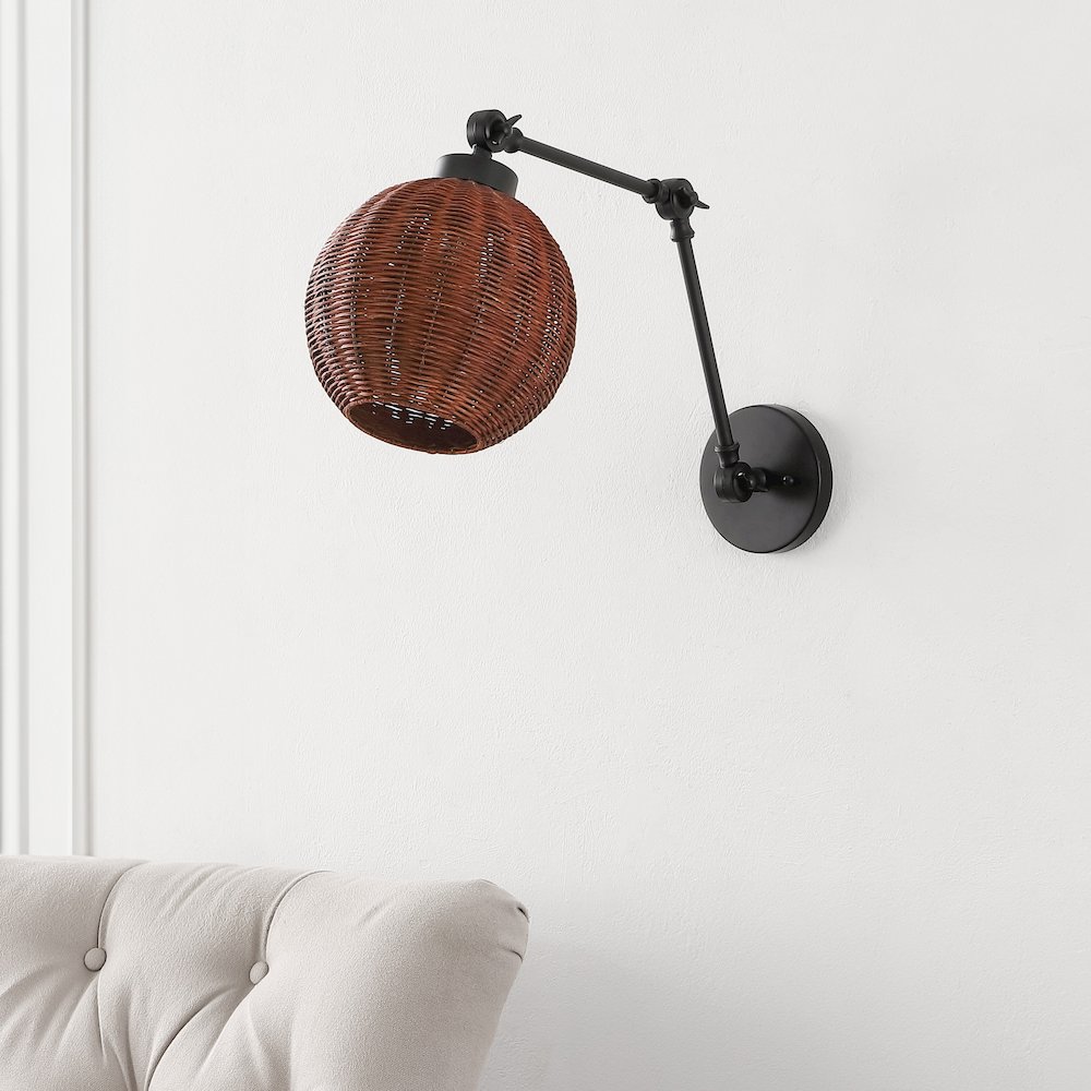 Lyla 1-Light Mid-Century Vintage Rattan Globe Swing Arm Led Sconce. Picture 1