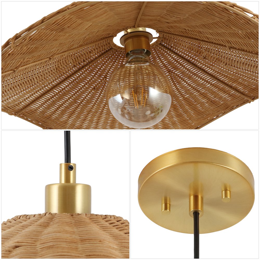 Miko 24.5" Coastal Organic Curve Rattan LED Pendant, Natrual Brown/Brass Gold. Picture 4