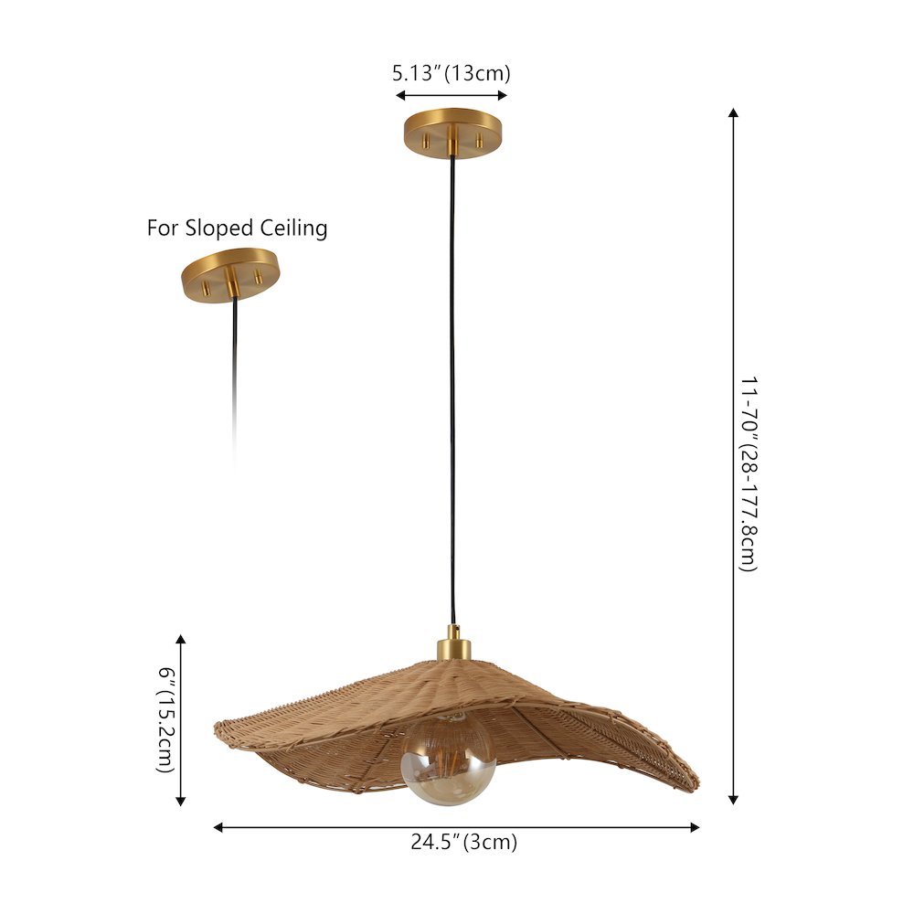 Miko 24.5" Coastal Organic Curve Rattan LED Pendant, Natrual Brown/Brass Gold. Picture 6