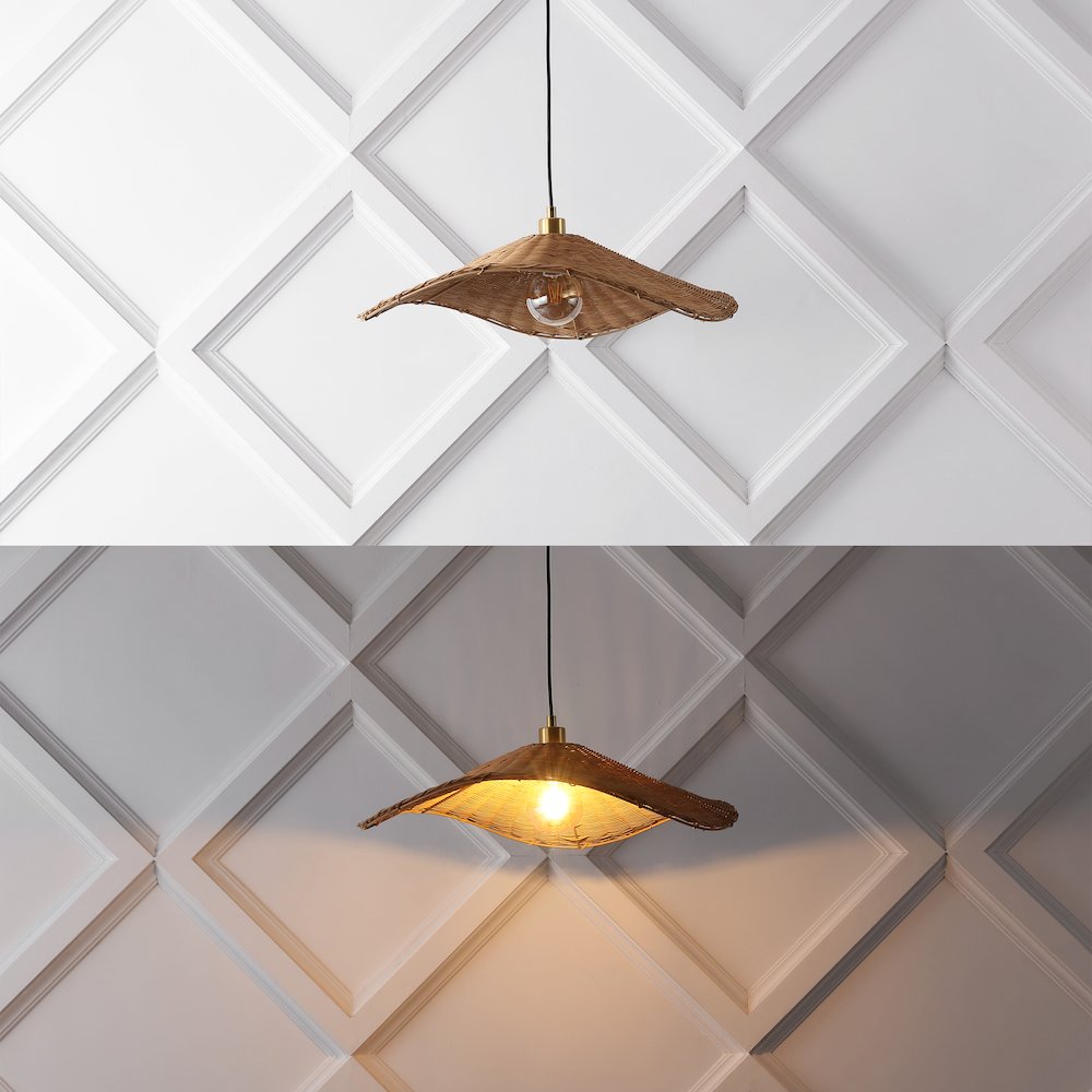 Miko 24.5" Coastal Organic Curve Rattan LED Pendant, Natrual Brown/Brass Gold. Picture 5