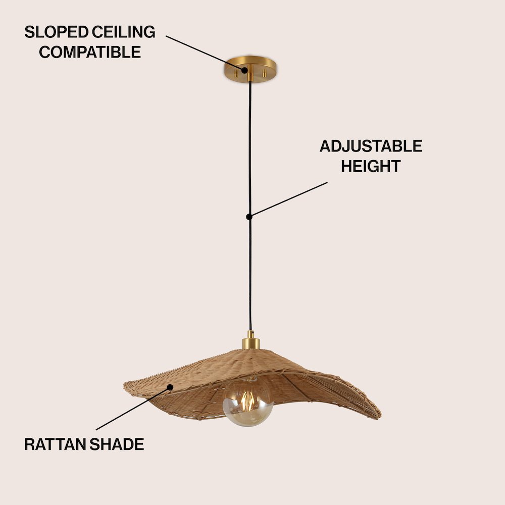 Miko 24.5" Coastal Organic Curve Rattan LED Pendant, Natrual Brown/Brass Gold. Picture 3
