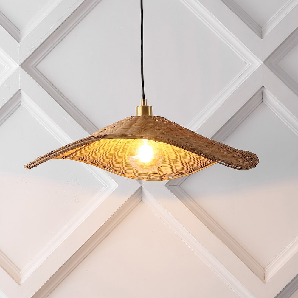 Miko 24.5" Coastal Organic Curve Rattan LED Pendant, Natrual Brown/Brass Gold. Picture 7