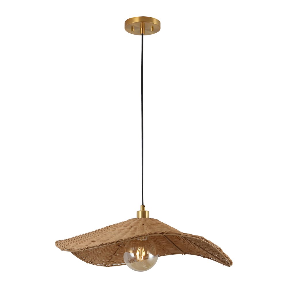 Miko 24.5" Coastal Organic Curve Rattan LED Pendant, Natrual Brown/Brass Gold. Picture 1