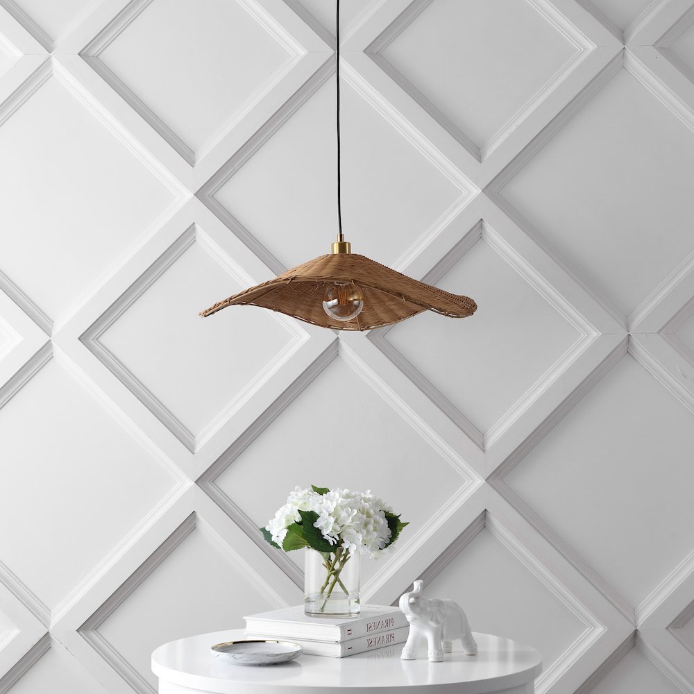 Miko 24.5" Coastal Organic Curve Rattan LED Pendant, Natrual Brown/Brass Gold. Picture 2