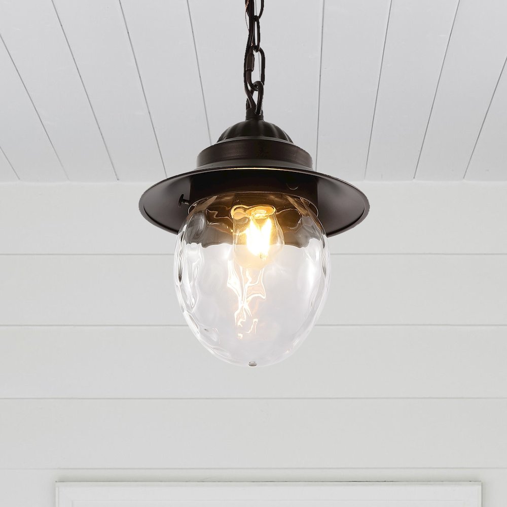 Manteo Farmhouse Industrial Iron/Glass Outdoor Led Pendant. Picture 6