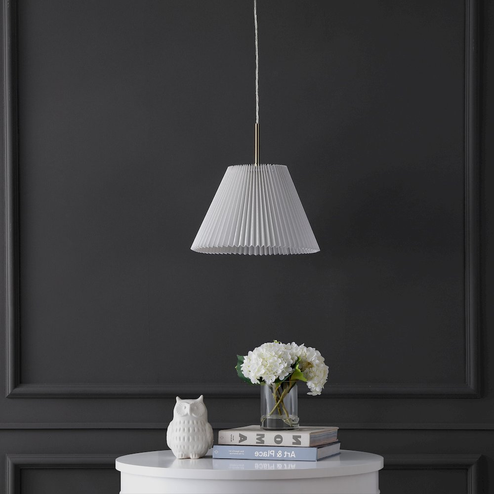 Alden 1-Light Classic French Country Iron Led Pendant With Pleated Shade. Picture 1