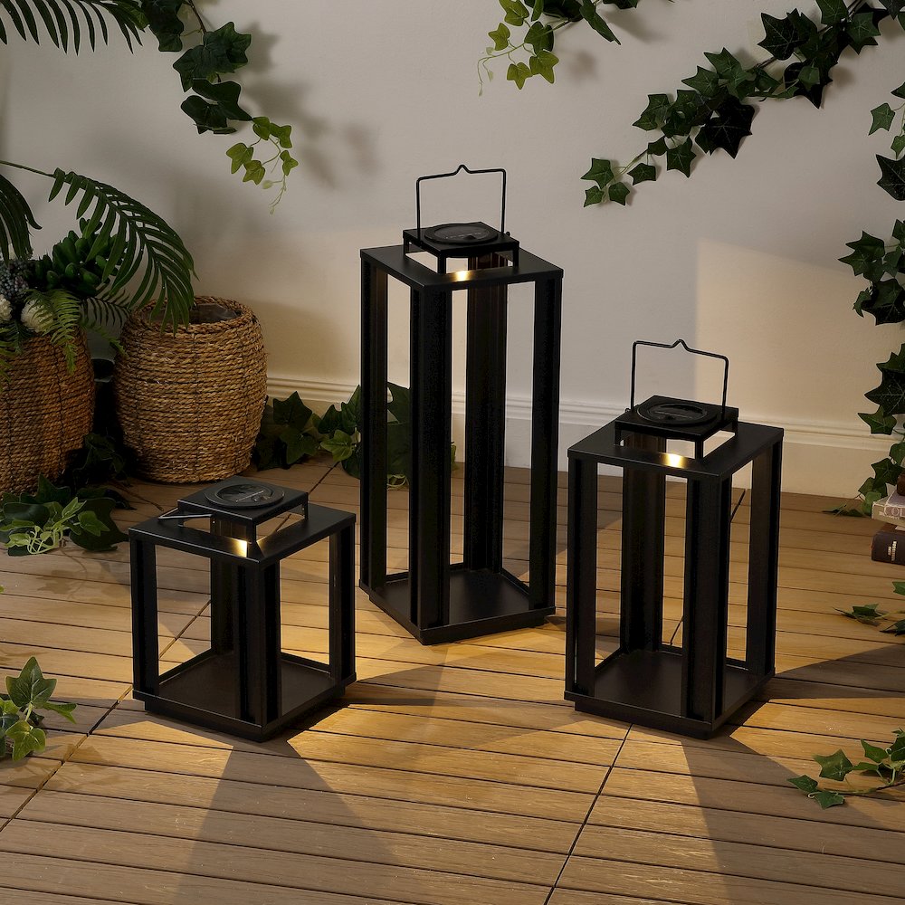 Leland Industrial Integrated LED Solar Powered Lanterns, Black (Set of 3). Picture 7