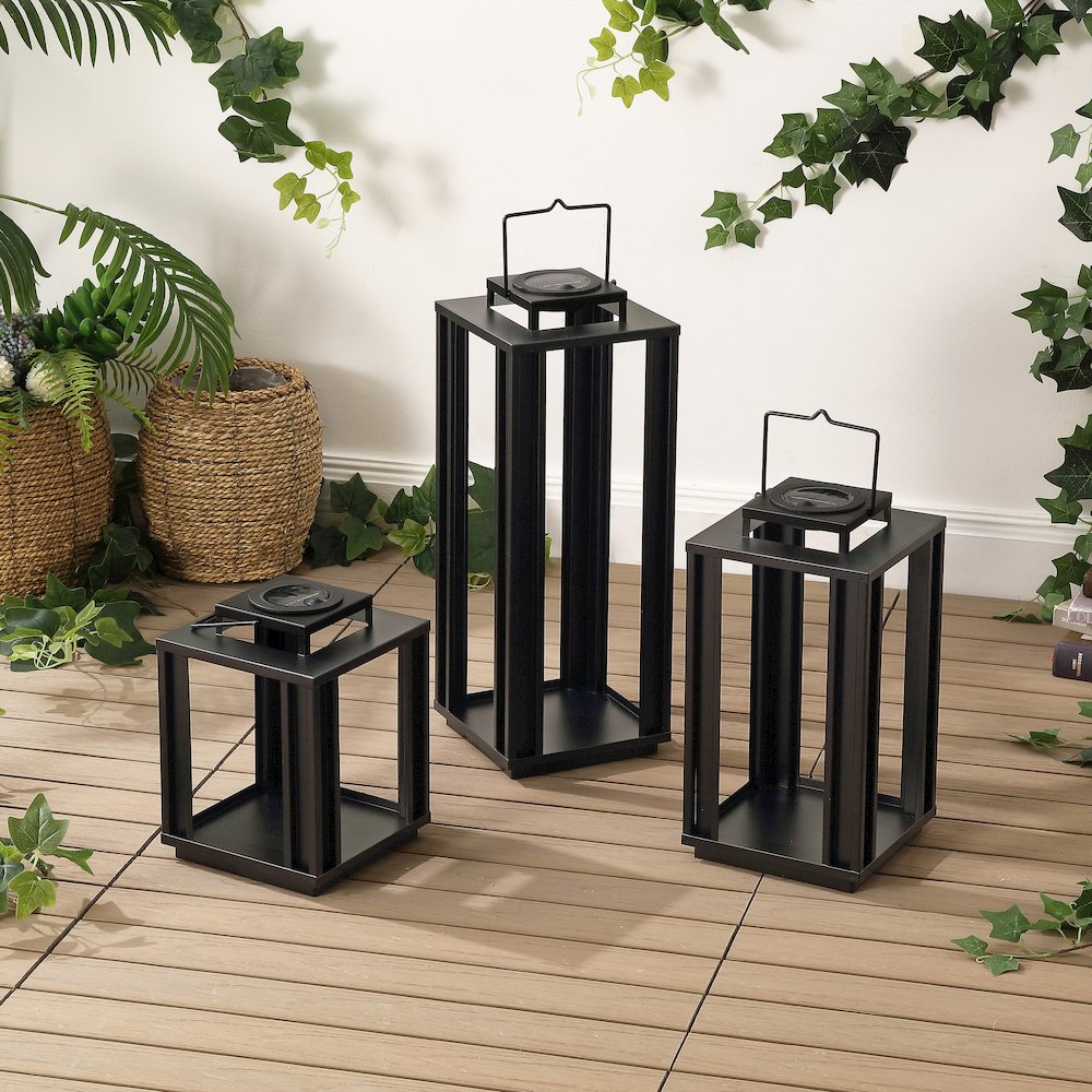 Leland Industrial Integrated LED Solar Powered Lanterns, Black (Set of 3). Picture 2