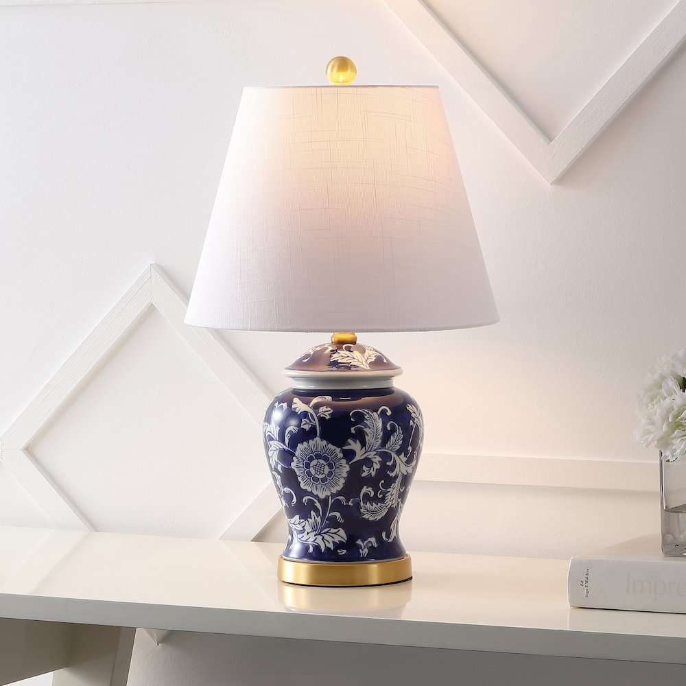 French Country Cottage Ceramic Iron Chinoiserie Ginger Jar LED Table Lamp. Picture 3