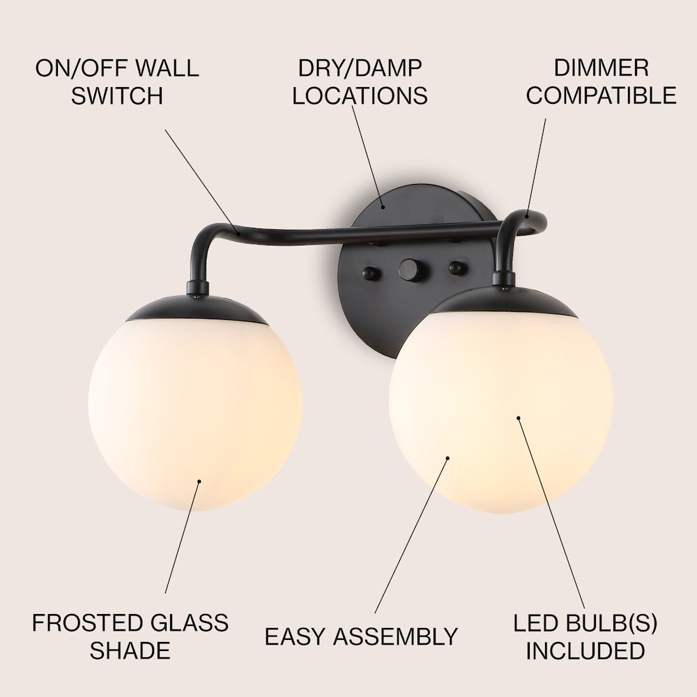 Louis 2-Light Metal/Frosted Glass Modern Contemporary Led Vanity Light. Picture 5