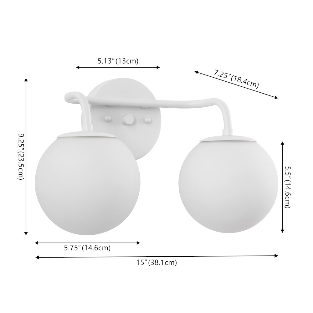 15" 2-Light Metal/Frosted Glass Contemporary LED Vanity Light, White. Picture 6