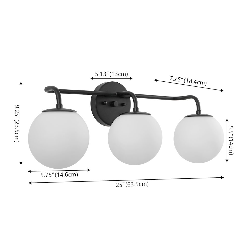 25" 3-Light Metal/Frosted Glass Contemporary LED Vanity Light, Black. Picture 6