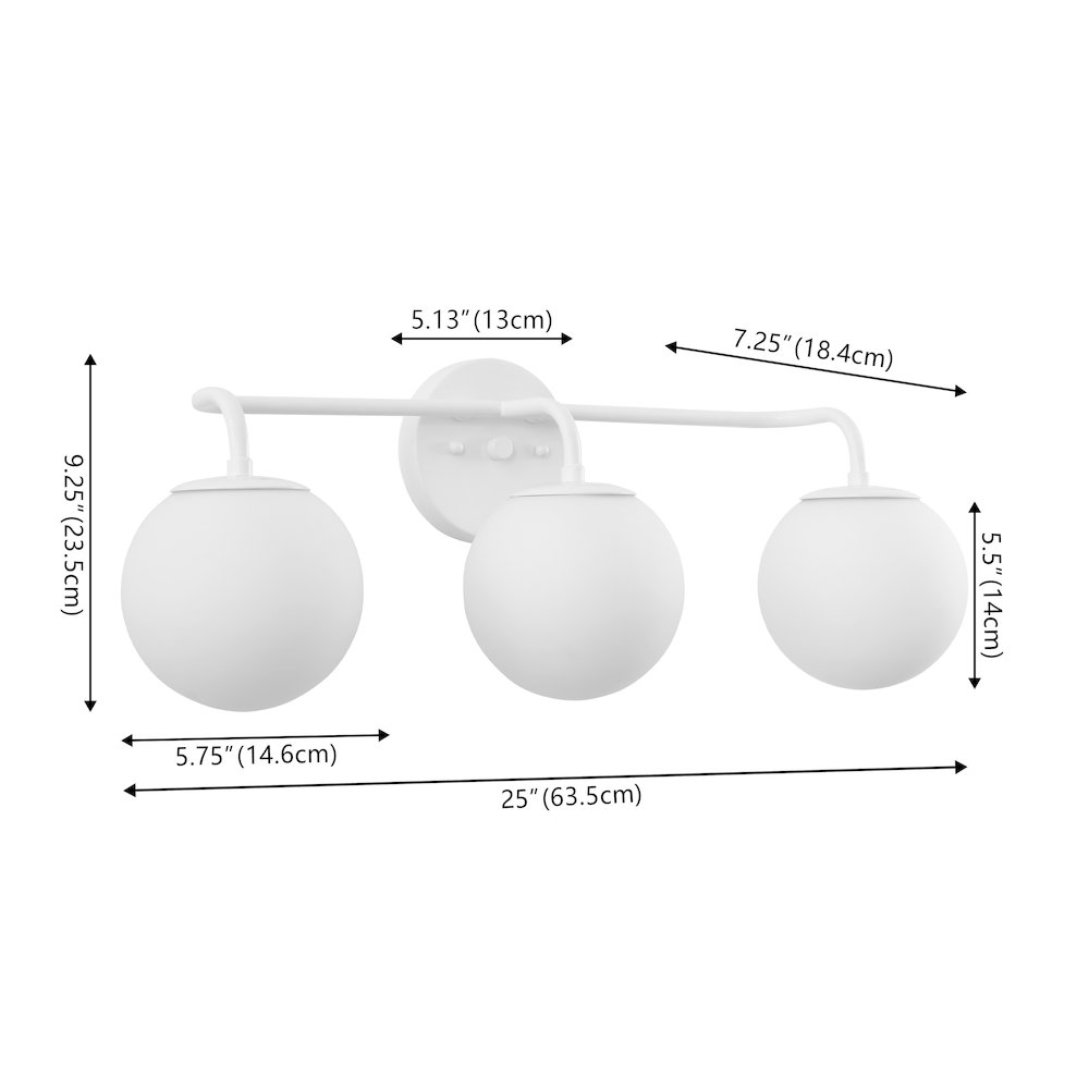 25" 3-Light Metal/Frosted Glass Contemporary LED Vanity Light, White. Picture 6