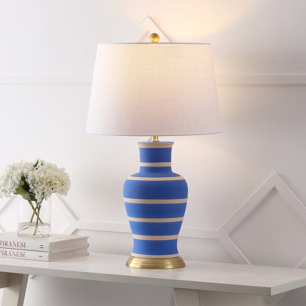 Julian 29" Traditional Classic Ceramic Urn LED Table Lamp, Blue/Beige. Picture 6