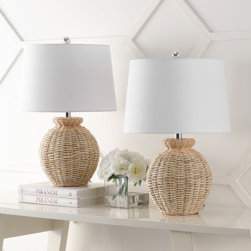 Nora Rustic Coastal Rattan Globe Led Table Lamps. Picture 1