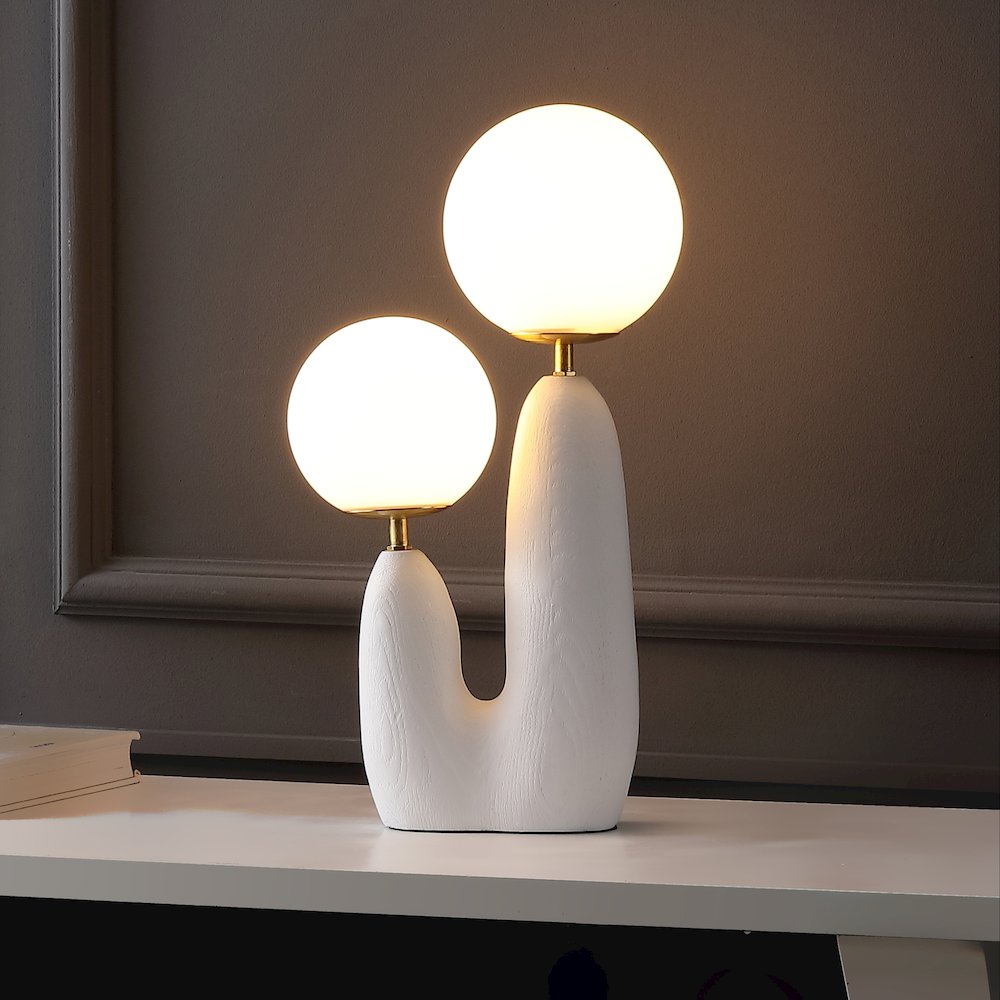 Bohemian Resin/Iron/Frosted Glass Danish Cactus LED Table Lamp, White/Brass Gold. Picture 6