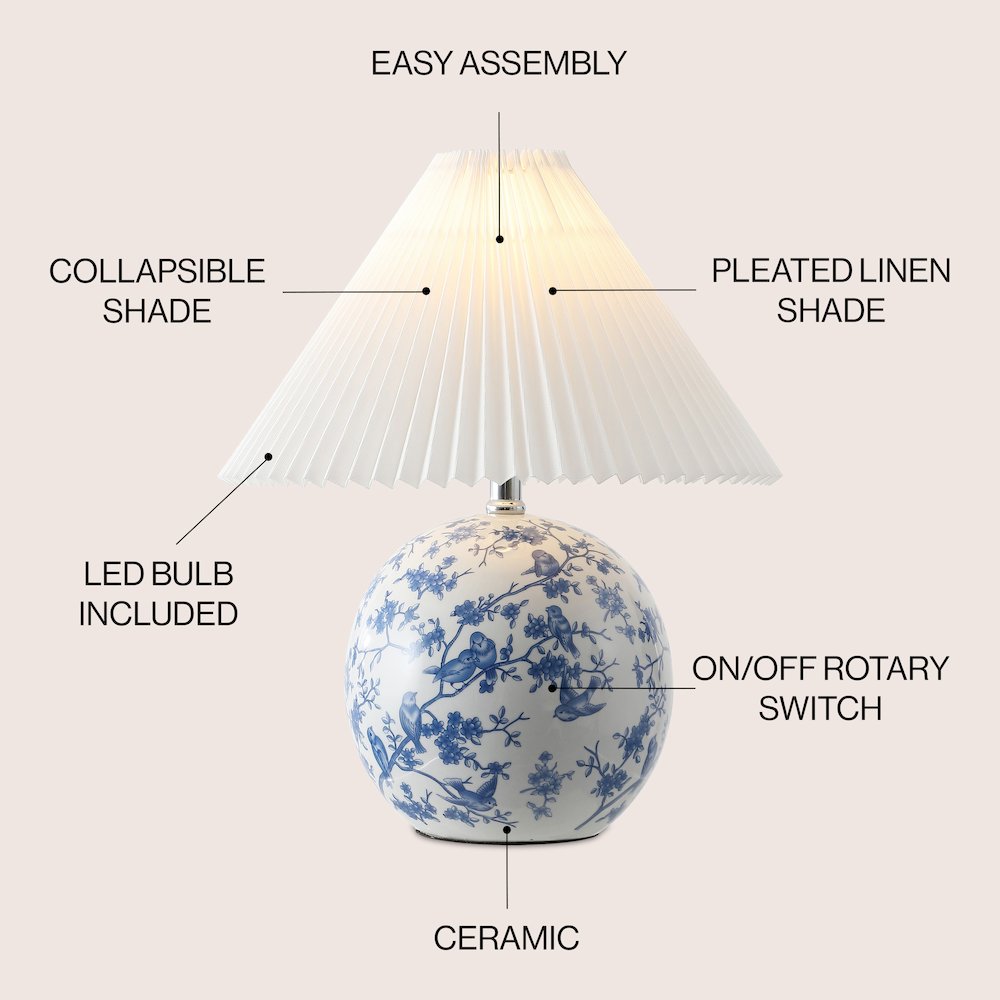Chinoiserie Ceramic Orb LED Table Lamp with Pleated Shade. Picture 1